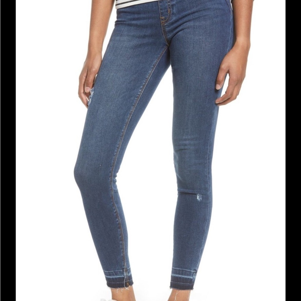 Spanx Size L Skinny Jeans with Raw Let Down Hem Medium Wash